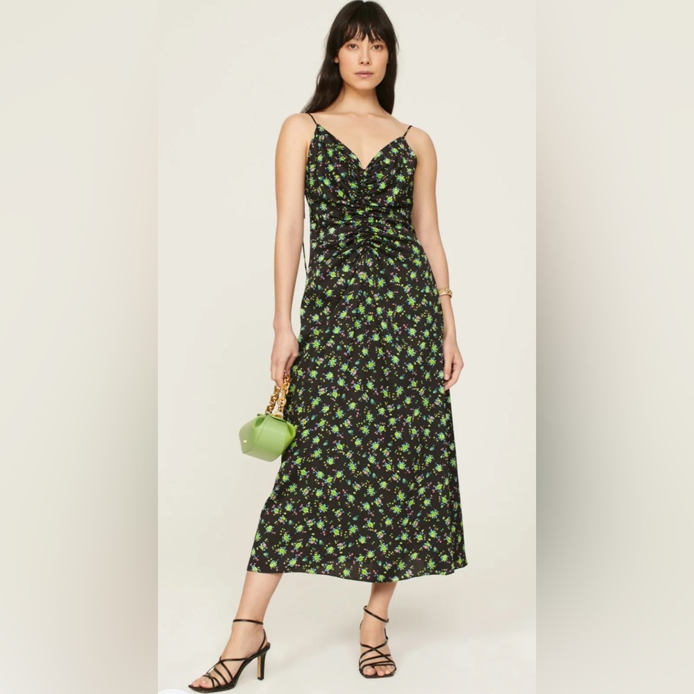 Sandro Black Midi Dress with Green Floral Print